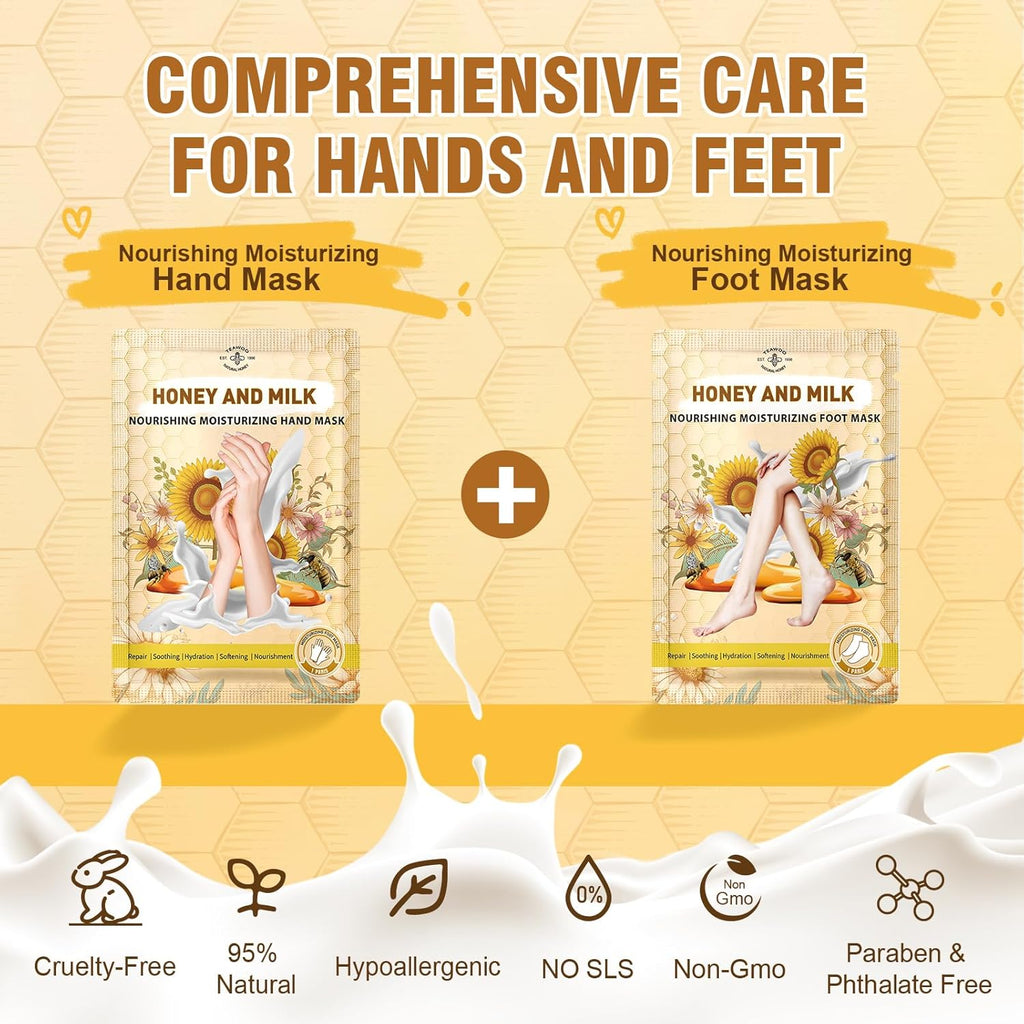Hydrating Hand and Foot Mask with Honey & Milk, Vitamin E | Moisturizing Socks for Dry, Cracked Heel, Foot Spa, Honey