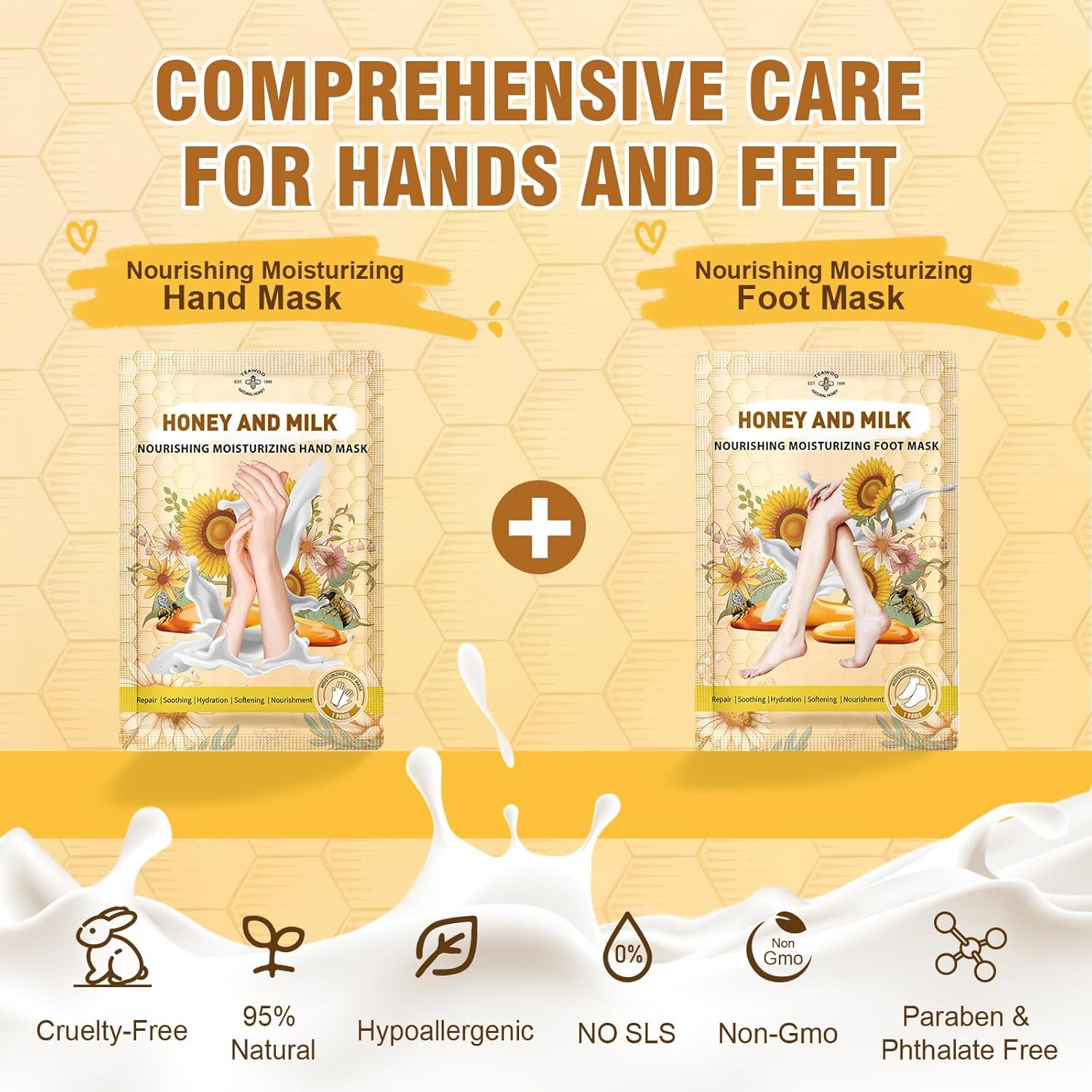 Hydrating Hand and Foot Mask with Honey & Milk, Vitamin E | Moisturizing Socks for Dry, Cracked Heel, Foot Spa, Honey