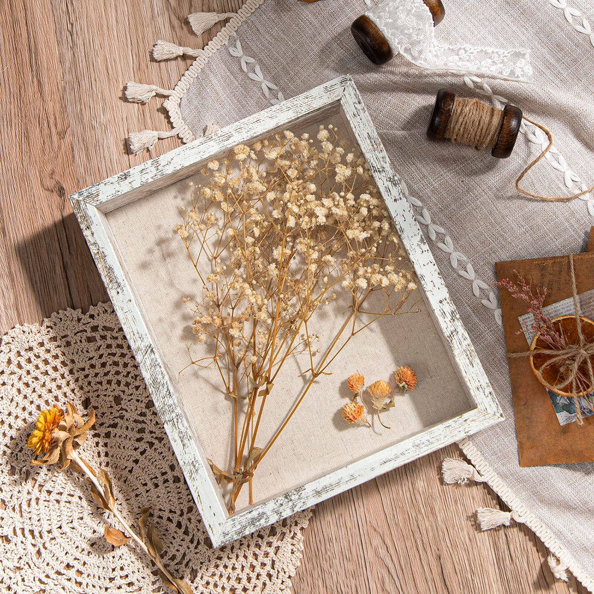 8x10 Shadow Box Frame with Linen Back - Real Glass, Push Pins Included, Sturdy Rustic Memory Display Case, Fits