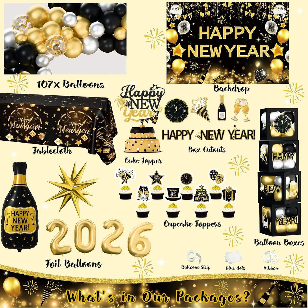New Year Party Decorations 2026, Happy New Year's Eve Party Supplies Kit, 2026 Gold Black New Year Party Decor with