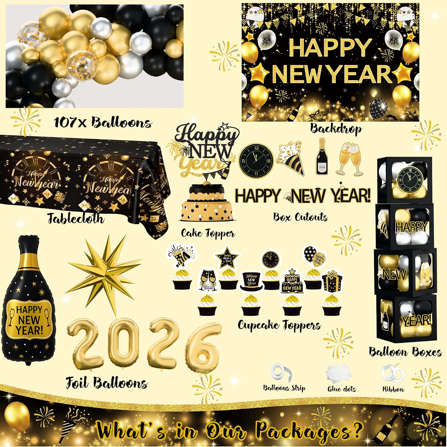 New Year Party Decorations 2026, Happy New Year's Eve Party Supplies Kit, 2026 Gold Black New Year Party Decor with
