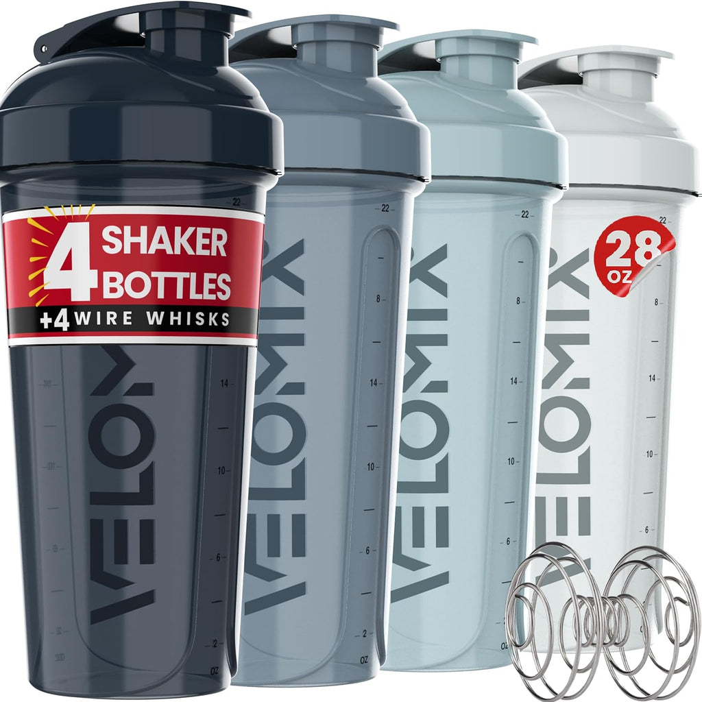 4 Pack 28oz Shaker Cups for Protein Shakes, Aqua Depths | 4x Wire Whisk, Leak Proof Protein Shaker Bottle for Protein