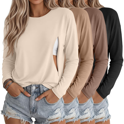 4 Pack Womens Nursing Maternity Tops, 4-Color Set, Large