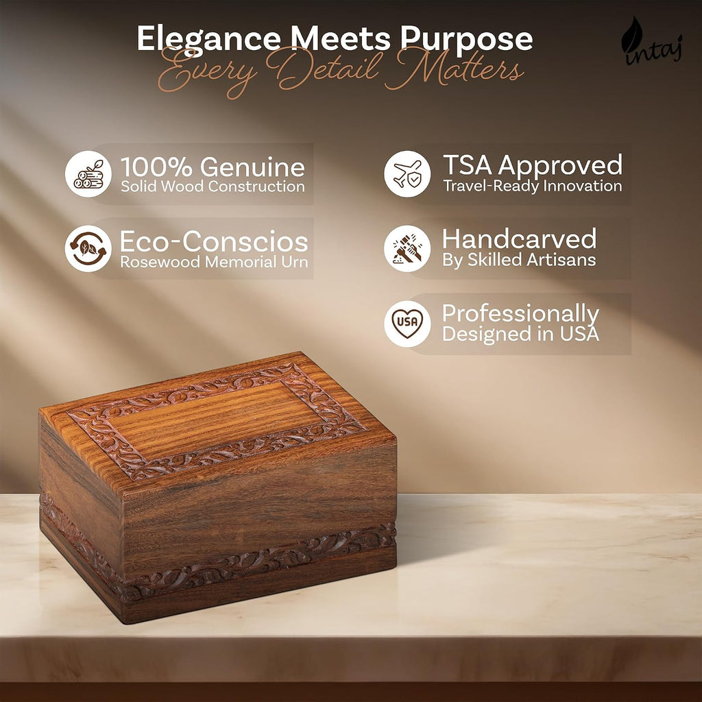 Rosewood Cremation Urn for Human Ashes, Carved Border, Medium 110 lb