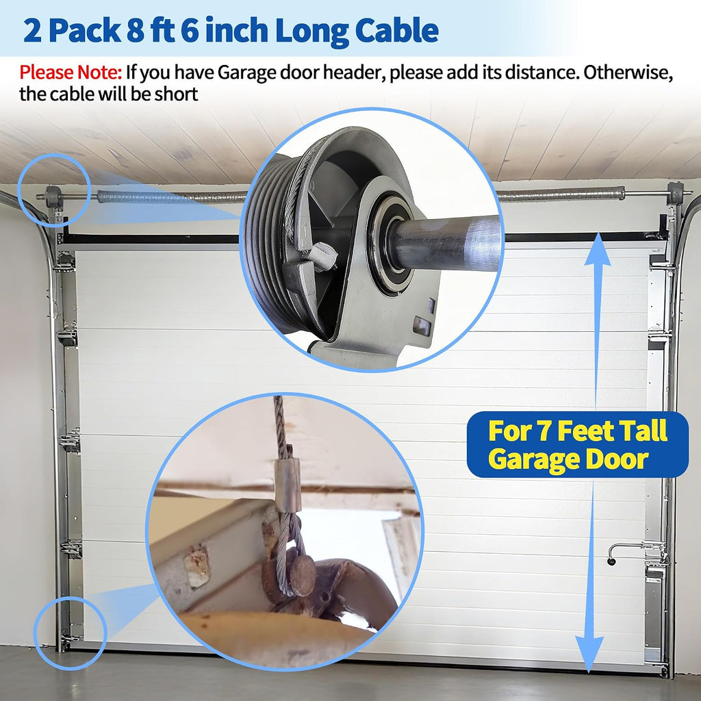Garage Door Cables and Drums for 7 Ft Door, 8 Ft 6 Inch Long Cable Replacement for Torsion Springs, Garage Door