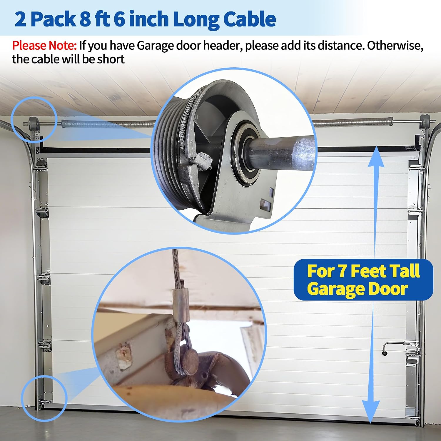 Garage Door Cables and Drums for 7 Ft Door, 8 Ft 6 Inch Long Cable Replacement for Torsion Springs, Garage Door