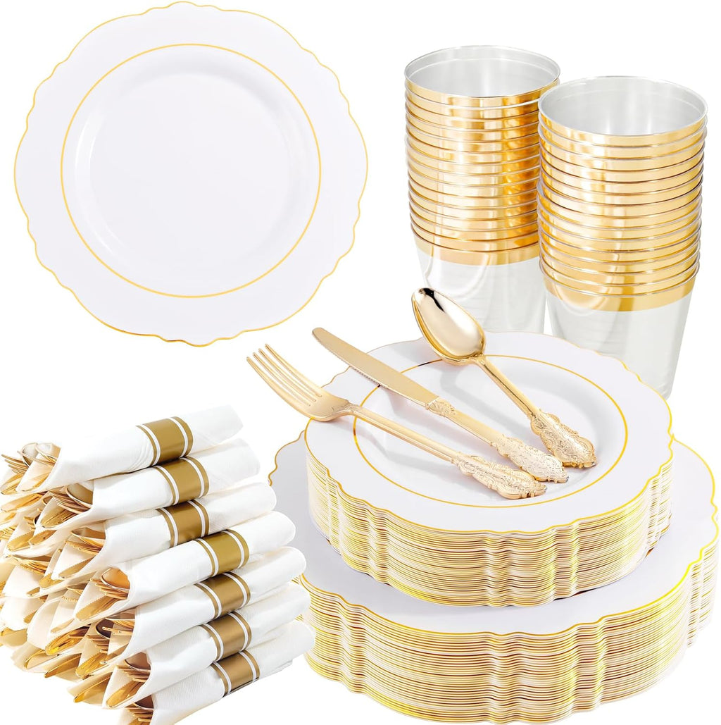 350PCS Gold Plastic Plates-Disposable White and Gold Plates Baroque Plastic Dinnerware include 100Plates, 50Pack Pre
