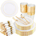 350PCS Gold Plastic Plates-Disposable White and Gold Plates Baroque Plastic Dinnerware include 100Plates, 50Pack Pre