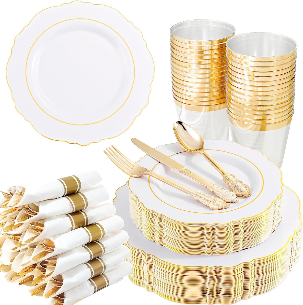 350PCS Gold Plastic Plates-Disposable White and Gold Plates Baroque Plastic Dinnerware include 100Plates, 50Pack Pre