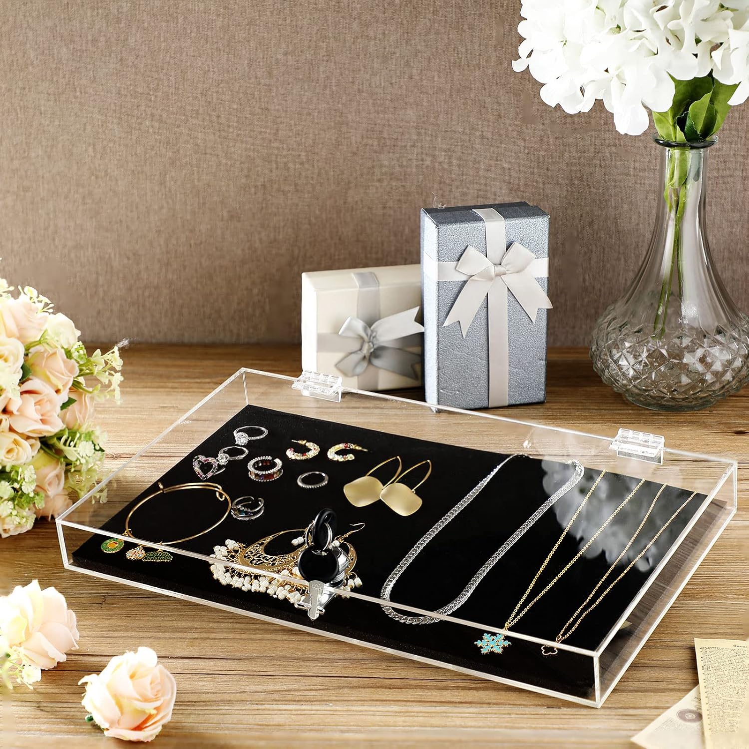 Acrylic Locking Display Case for Knife Jewelry, Clear Rectangular Display Box Security Showcase Organizer Tray with