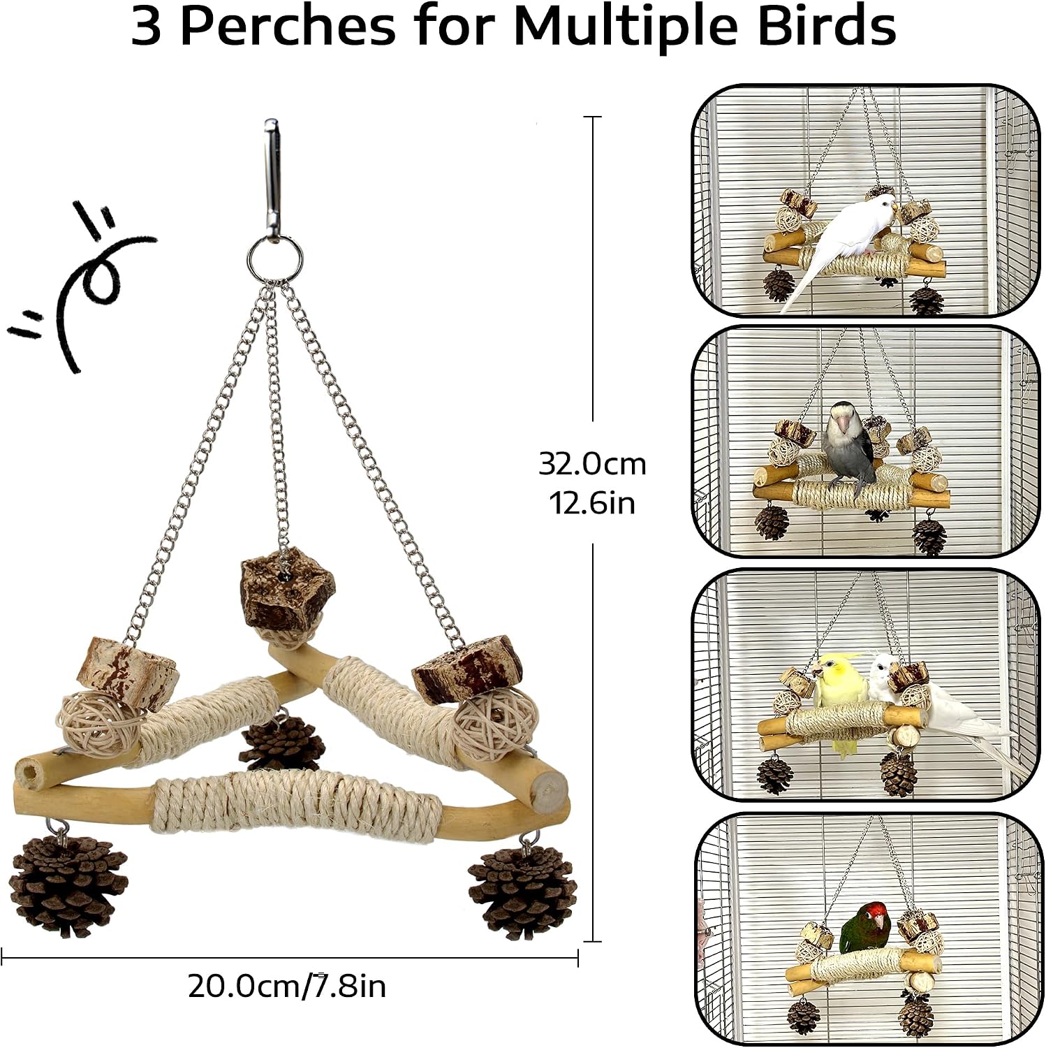 Bird Swing for Cage with Chew Toys, 3 Sisal-Wrapped Stable Perches(S) | Stable Triangle Design Parrot Perch Swing