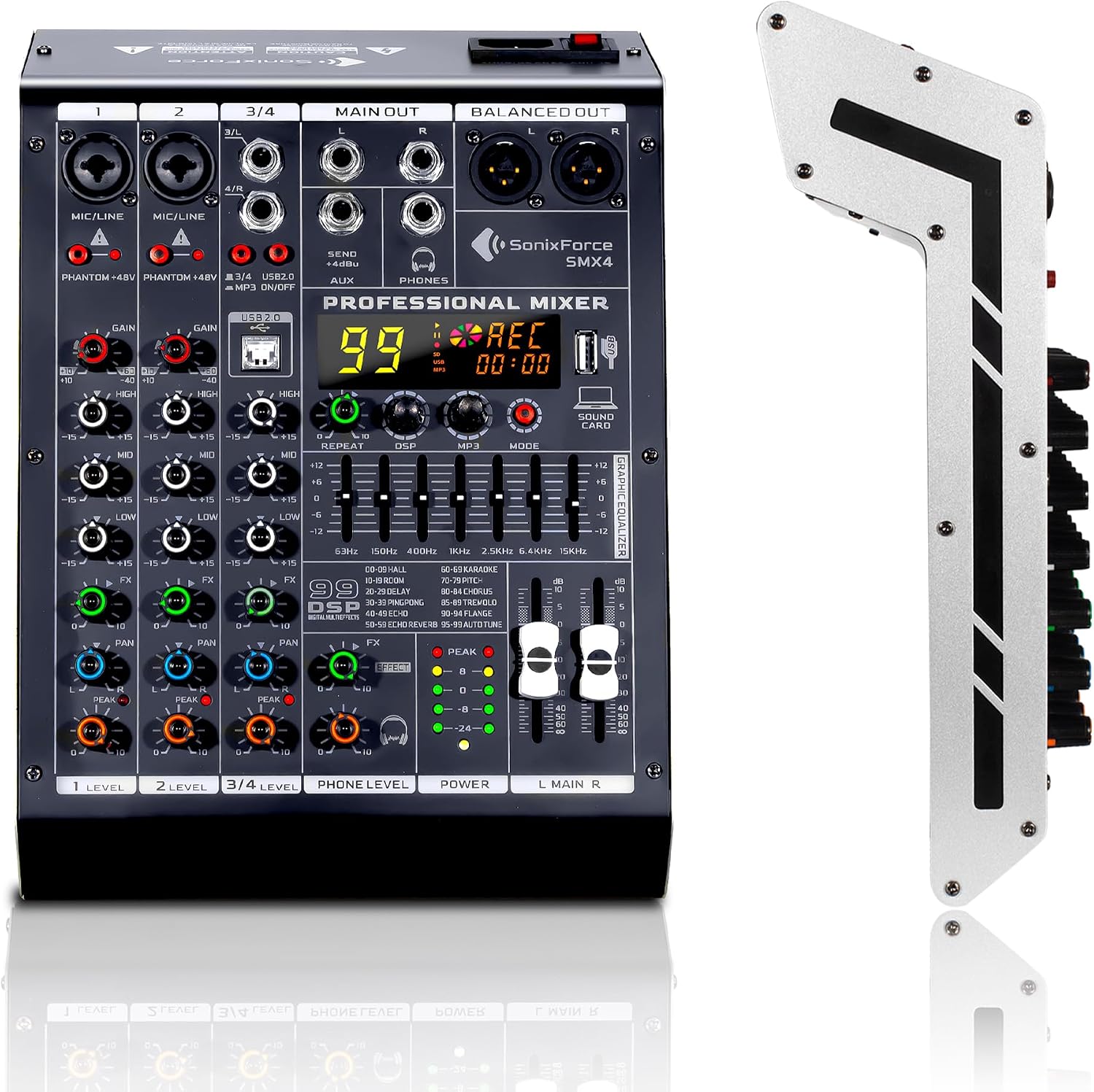 4 Channel Audio Mixer, 99 DSP Effects Sound Board Console | 4 Channel DJ Mixer for Recording & Streaming, USB Drive
