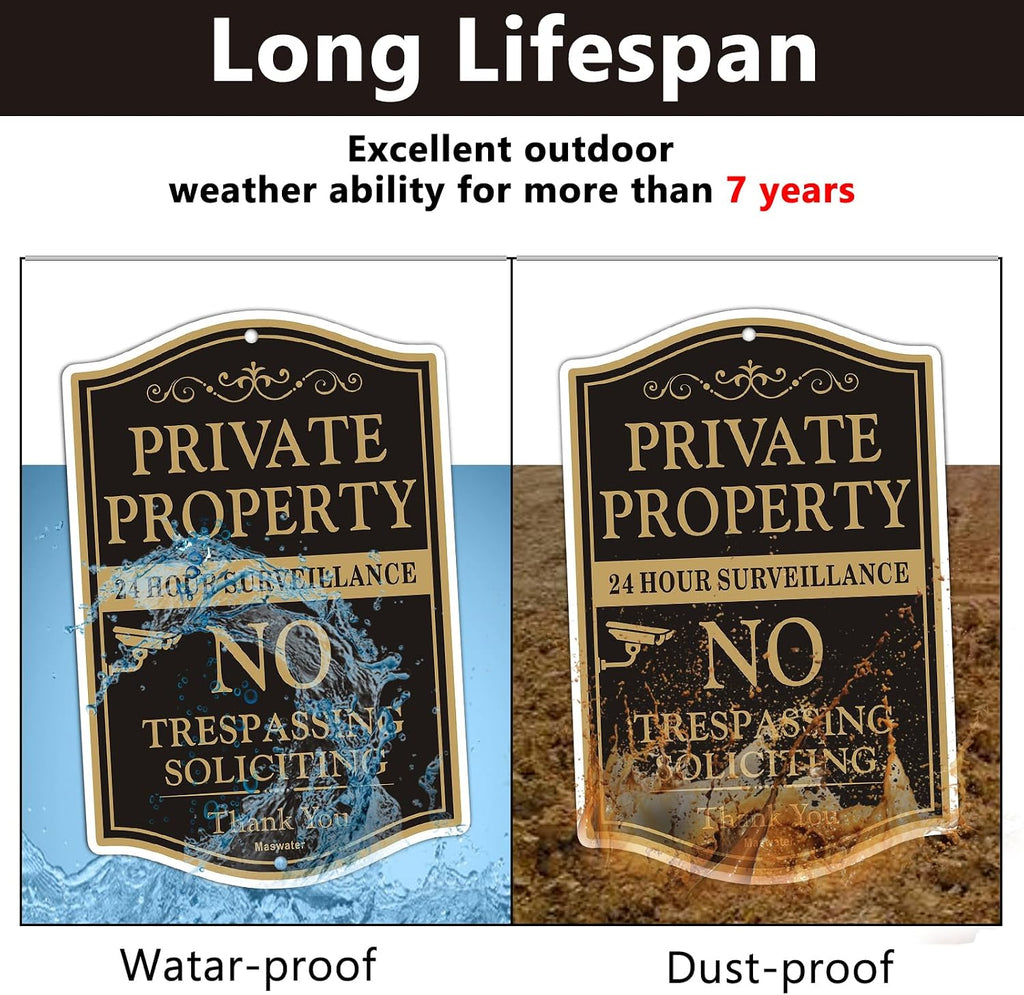 Large Private Property No Trespassing Sign, 2-Pack 12" x 18" No Soliciting 24 Hour Surveillance Yard Signs