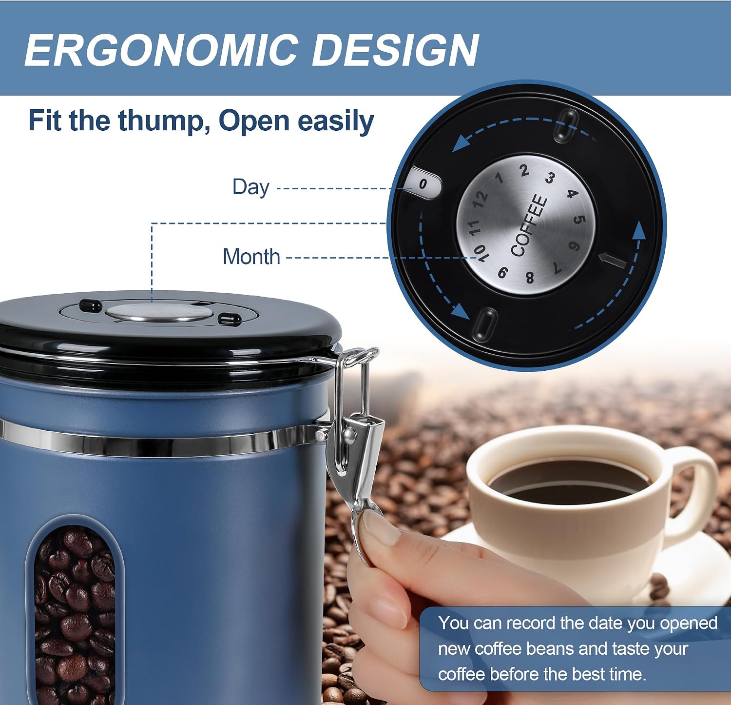1800ML Airtight Coffee Canister with Date Tracker&Transparent Window, 22.8OZ Coffe Beans Storage with 30ML Measure