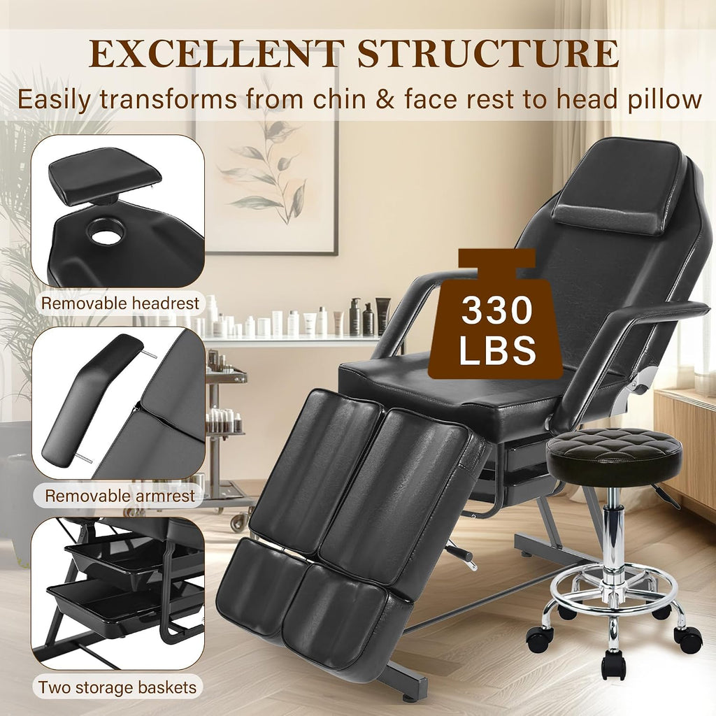 Tattoo Chair for Client, Facial Bed Esthetician Massage Headrest Table with Rolling Stool, Split Legs Design