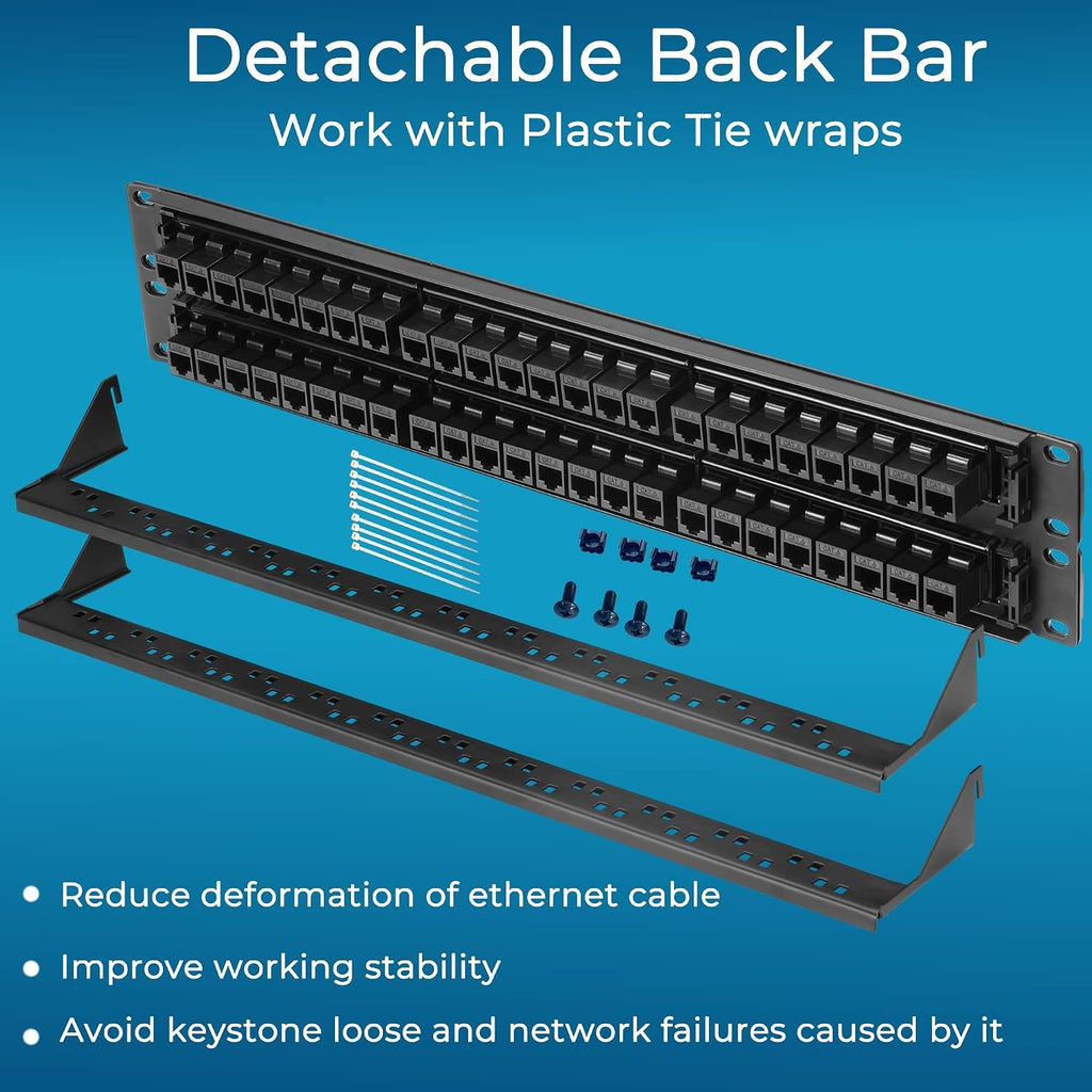48 Port Cat6 Patch Panel with Inline Keystone 10G Support, Pass-Thru Coupler UTP 19-Inch, Removable Back Bar, 1U