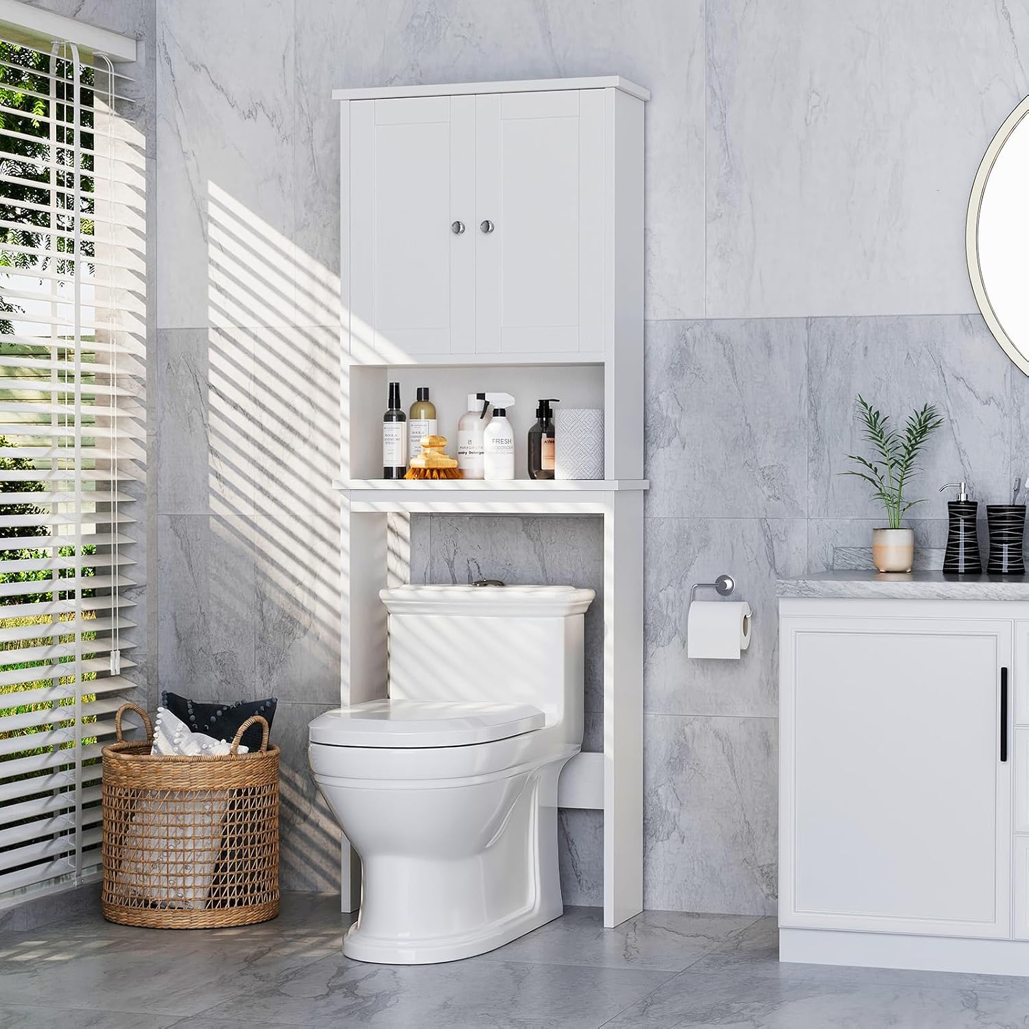 Over the Toilet Storage Cabinet, Bathroom Storage Organizer Over Toilet, Space Saver W/Adjustable Shelf & Open Shelf