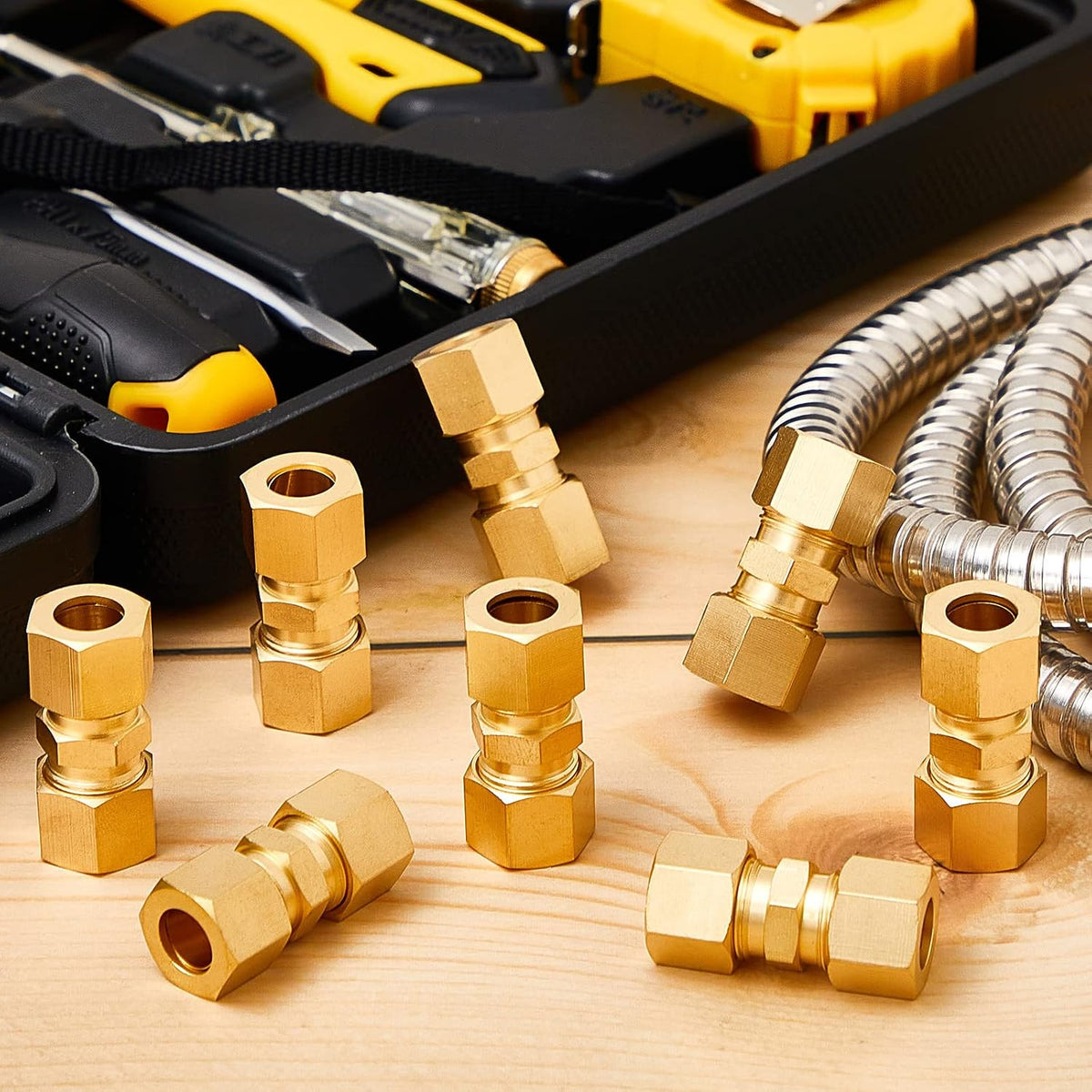 Dunzy 4 Pcs 3/8" OD Brass Compression Union, Tube Fitting Connector