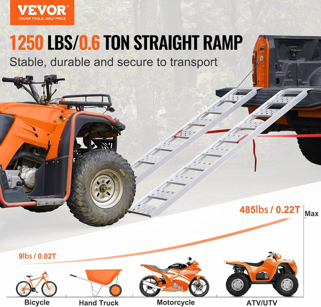 Aluminum Ramps, 1250lbs, Straight Ramp with Treads and Load Straps, Portable Loading Ramp for Motorcycles, ATVs