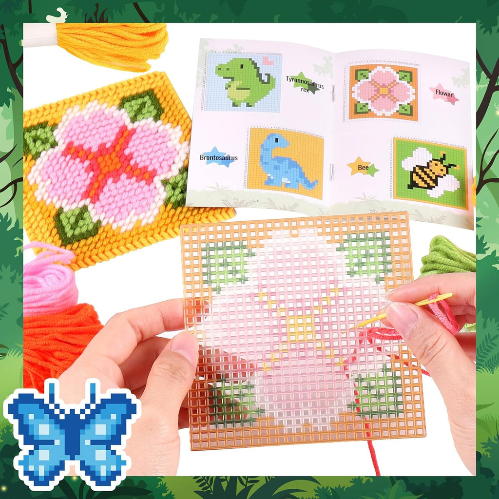 10-in-1 Cross Stitch Beginner Kit for Kids, Embroidery Kit | with Instructions, 10pcs Plastic Mesh Canvas with