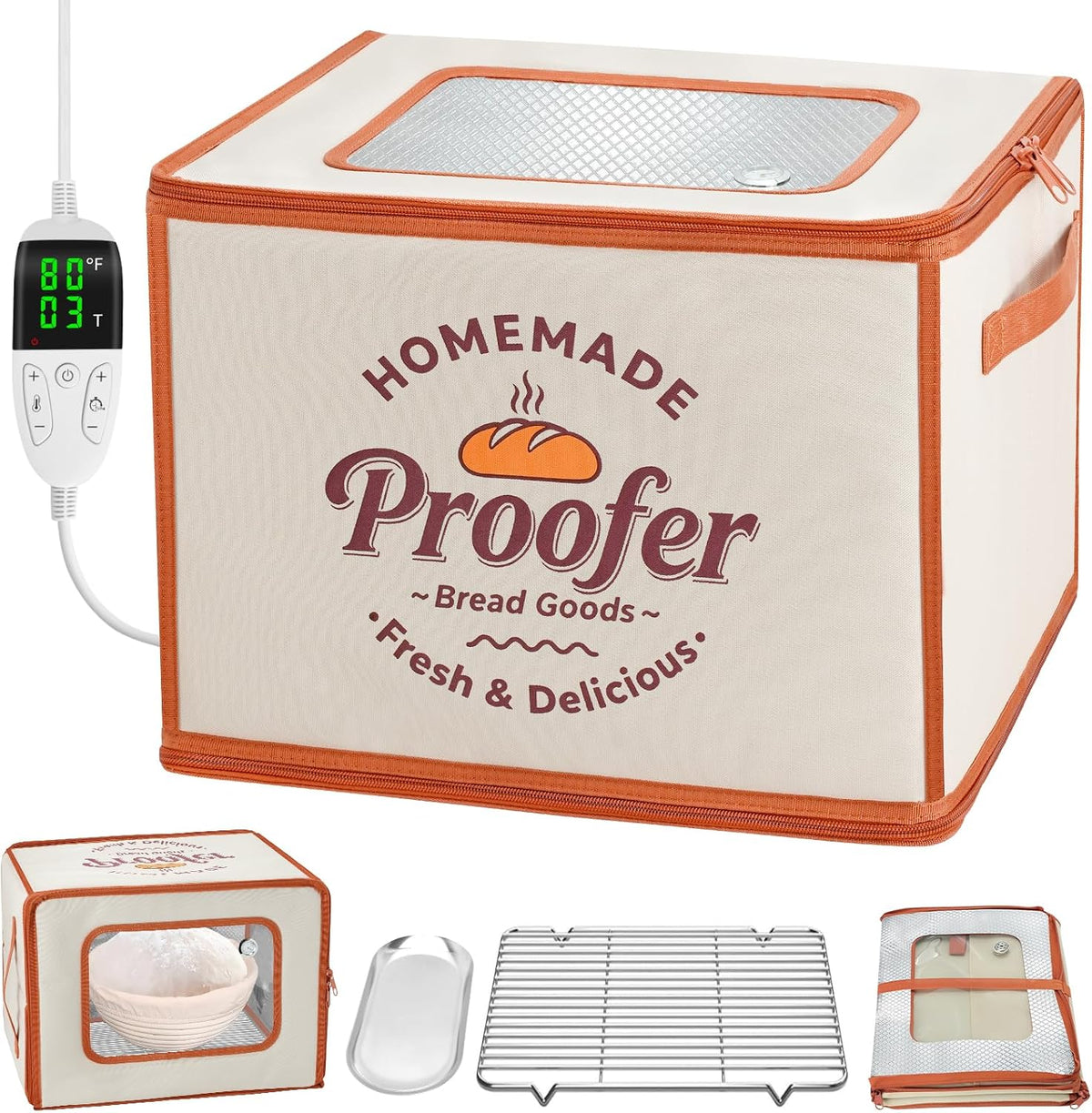 Foldable Bread Proofing Box, JOCXSPI 4-Sided Heating Dough Proofer for Sourdough Starter, 68–131°F Temp Control, 99H