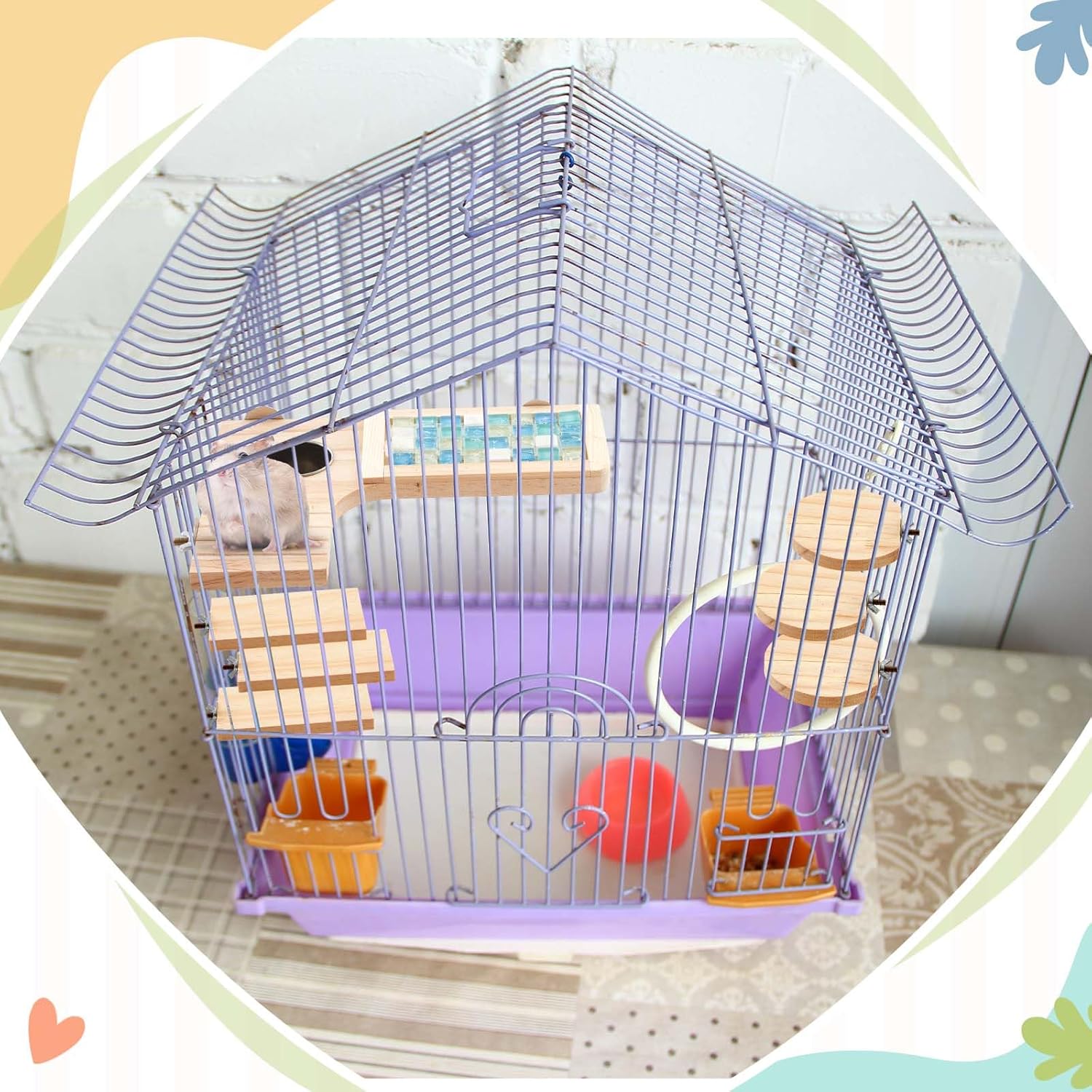 Set of 9 Wooden Hamster Cage Platform Chinchilla Ledges and L Shaped Round Hole Rat Cage Accessories with Cooling