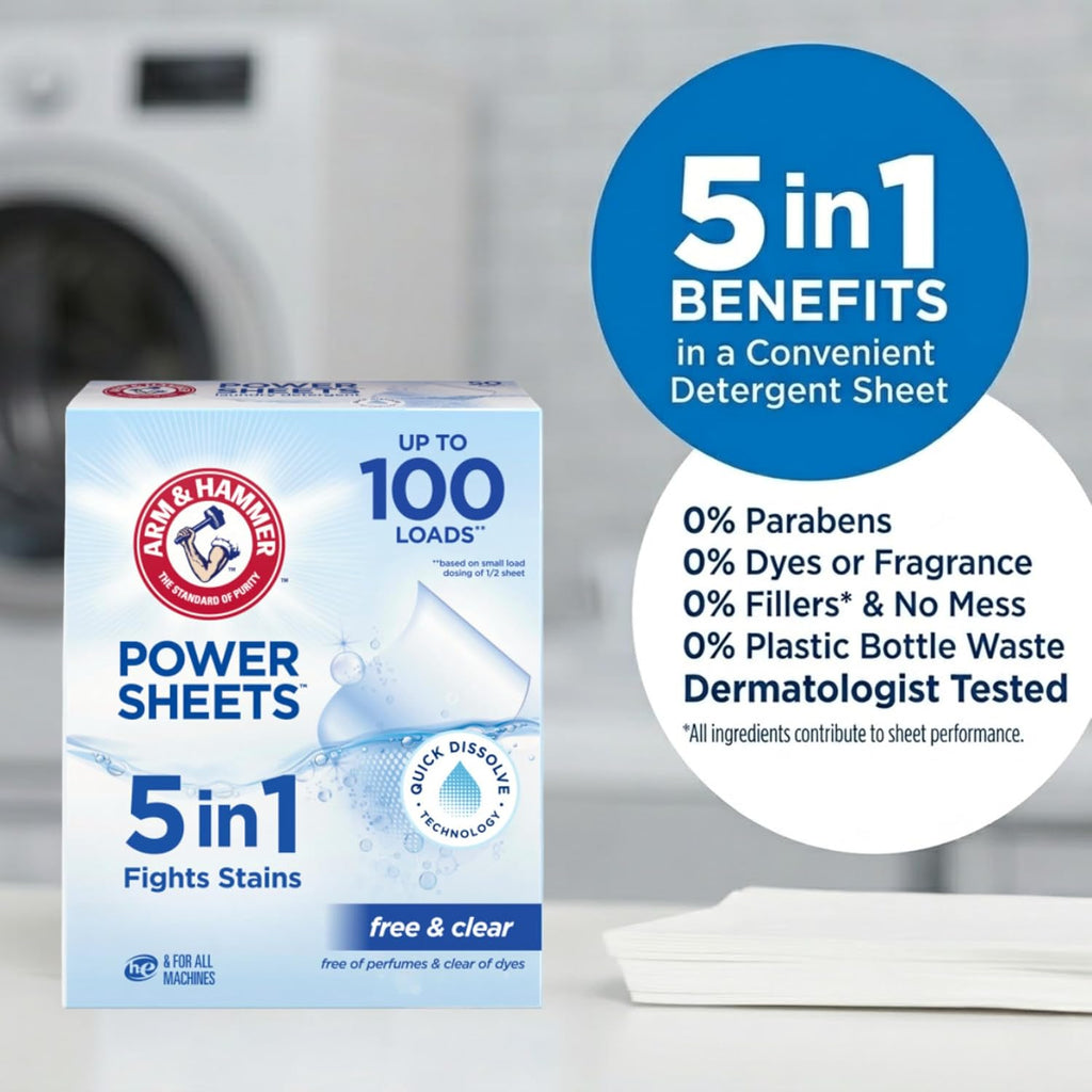 5in1 Power Sheets Laundry Detergent, Free & Clear, 50 Count