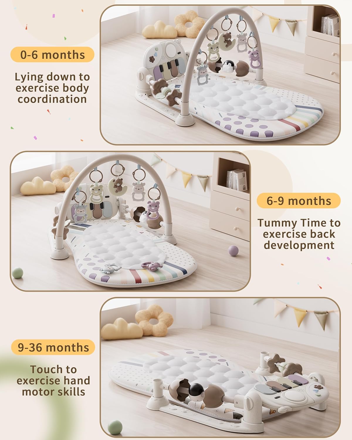 Baby Play Mat Baby Toys,Baby Gym Tummy Time Play Piano Activity Mat with 5 Infant Sensory Toys,Music & Light Infant