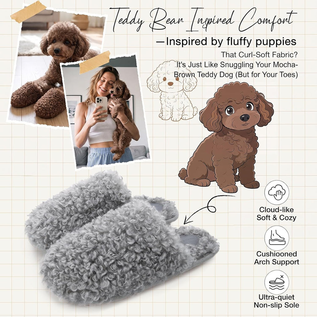 Women's Scuff Slippers Furry Cute Memory Foam House Shoes | Fuzzy,fluffy,furry,warm,curly fabric,memory
