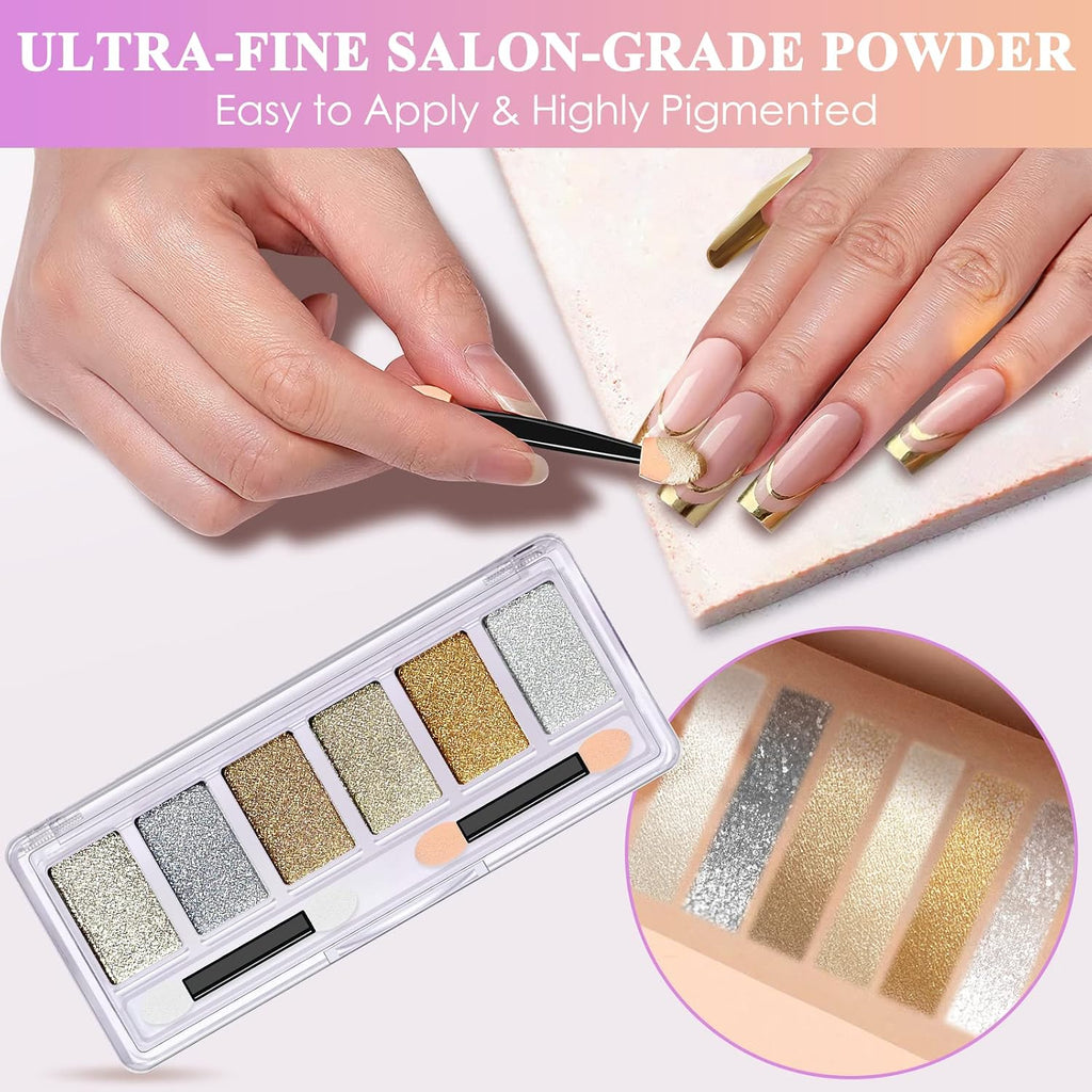 Gold Silver Chrome Nail Powder, 6 Colors Mirror Nail Chrome Palette