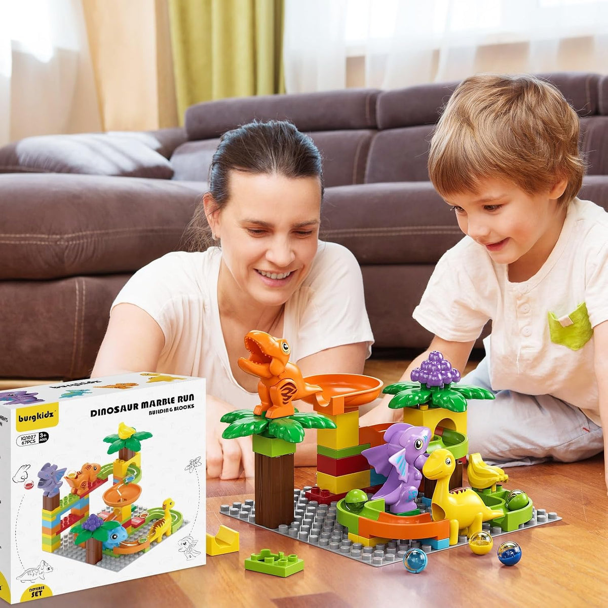 Dinosaur Marble Run Blocks: 67PCS STEM Toddler Building Toy
