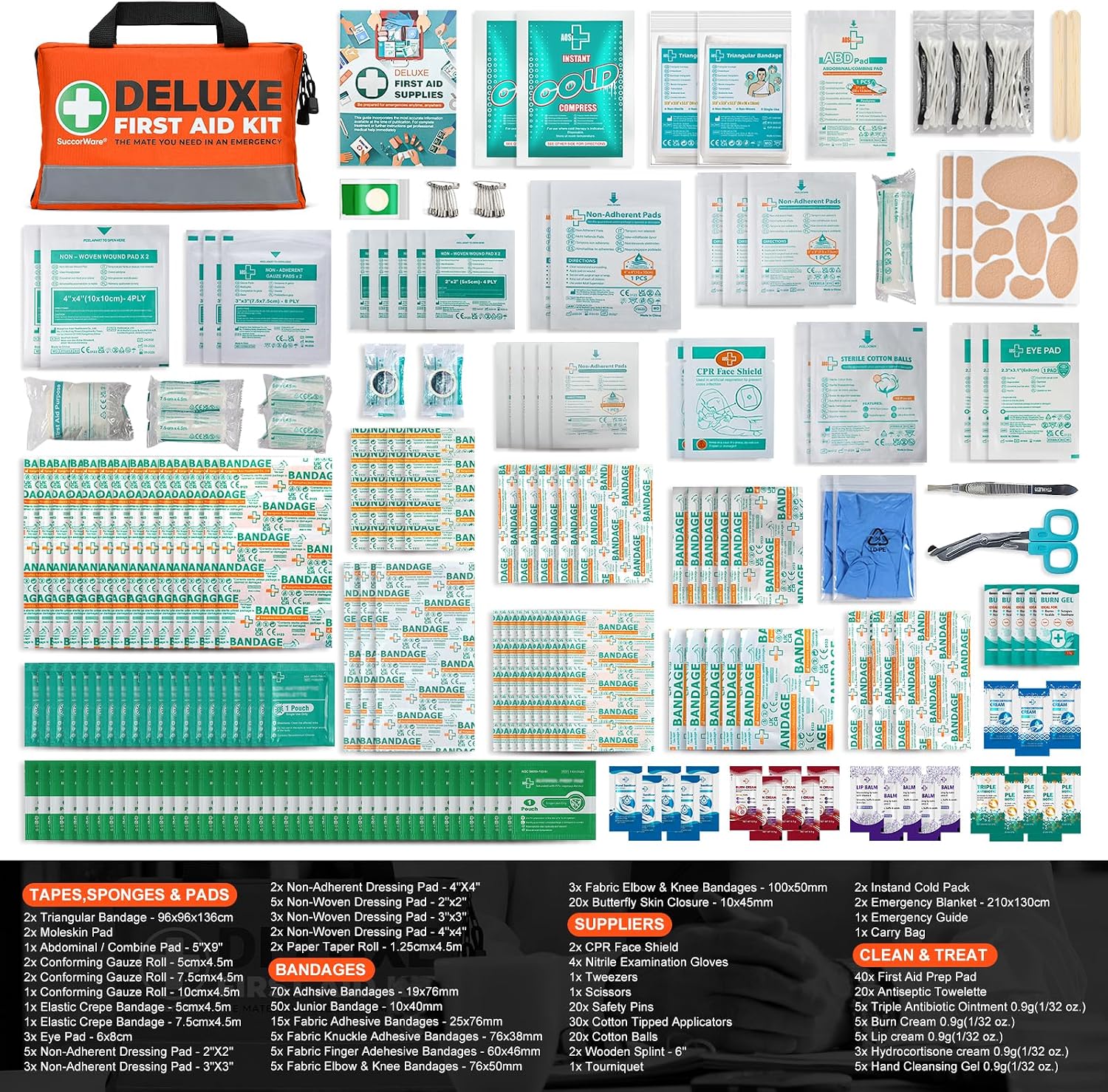 380 Pieces Deluxe First Aid Kit Compact Trauma Medical Kits with Assorted Bandages, Instant Cold Pack, Emergency
