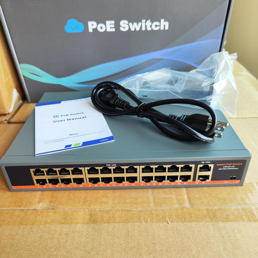 24-Port Unmanaged Gigabit PoE+ Switch with 2 Gigabit Uplink Ports, Up to 400W, IEEE 802.3af/at Compliant, VLAN