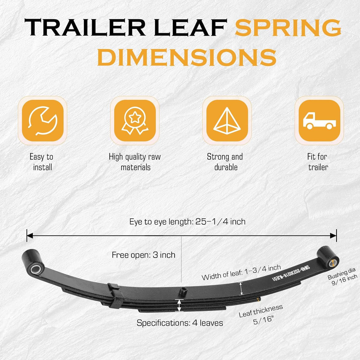 Tandem Trailer Leaf Spring 4 Leaf Double Eye 1750 lbs Cap for 3500 lbs Axle Suspension, Hanger & U-Bolt kit 25-1/4"