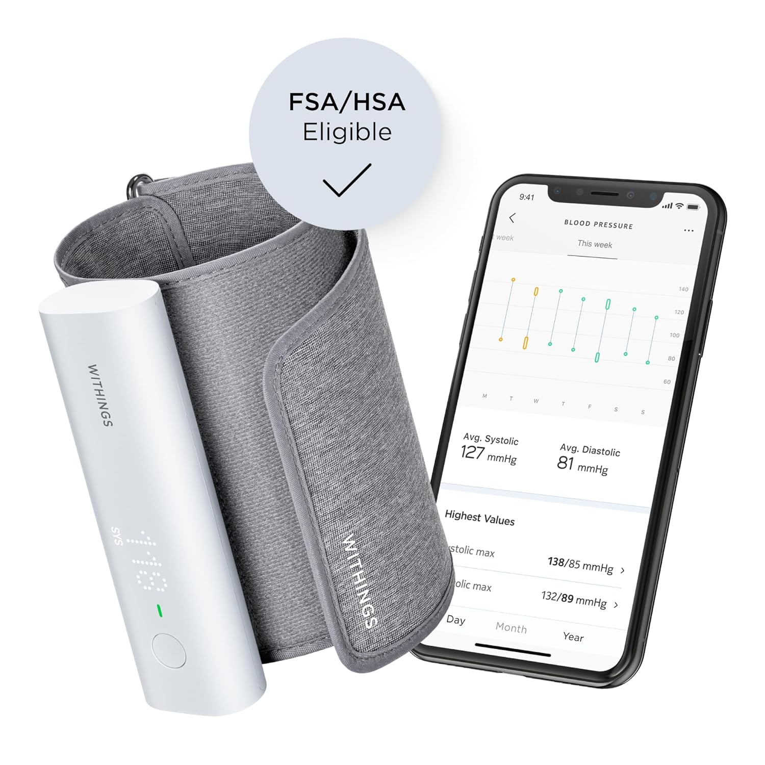 BPM Connect - Digital Blood Pressure Cuff & Heart Rate Monitor - Blood Pressure Machine Arm Cuff, FDA Cleared