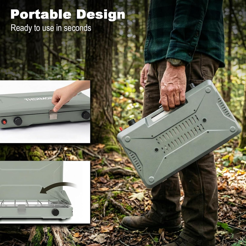 Portable Camping Stove, Propane Gas Camping Cooktop, 2 Burner, 20000 BTUs, Windscreen, Instant Ignition with