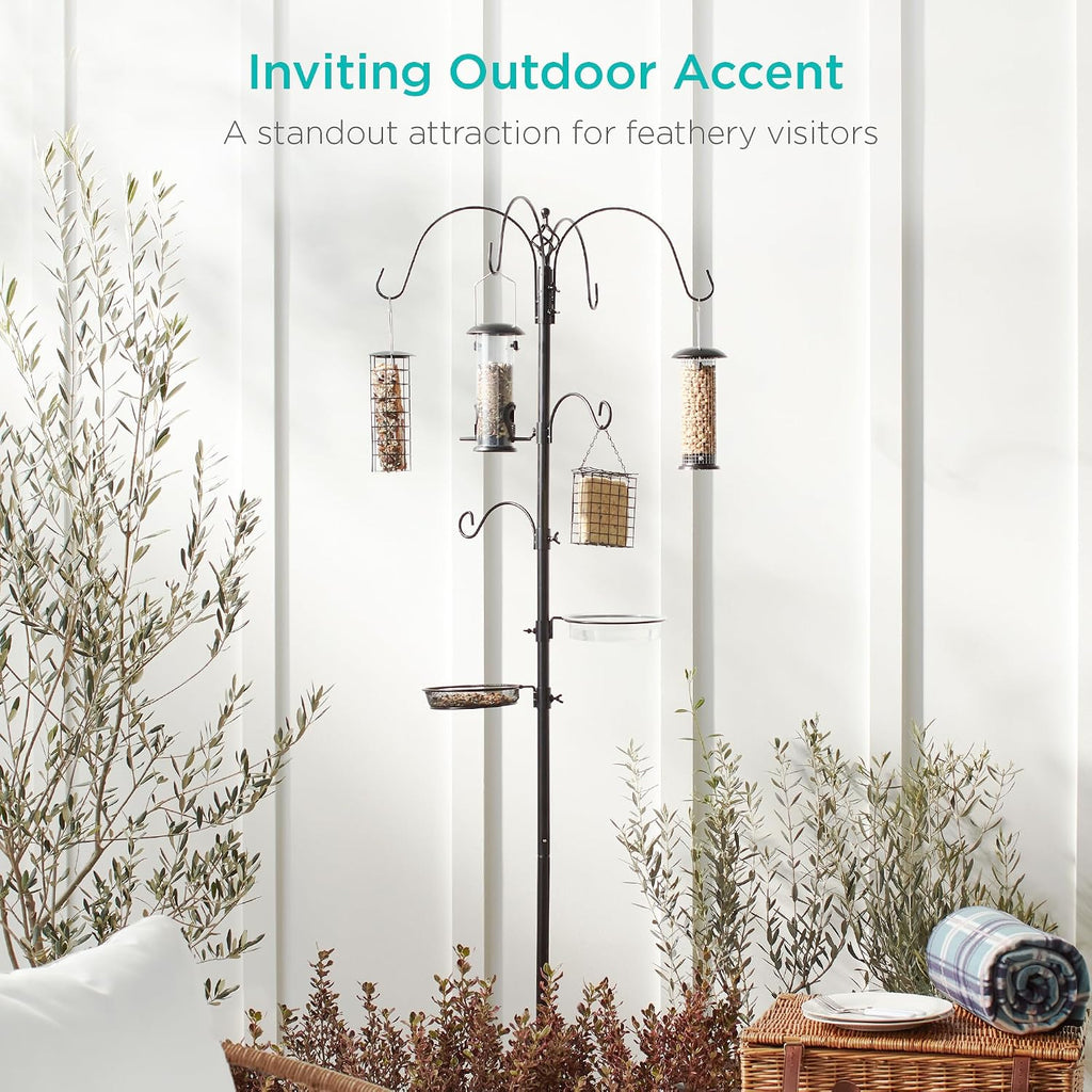6-Hook Bird Feeding Station, Steel Multi-Feeder Kit Stand for Attracting Wild Birds w/ 4 Bird Feeders, Mesh Tray