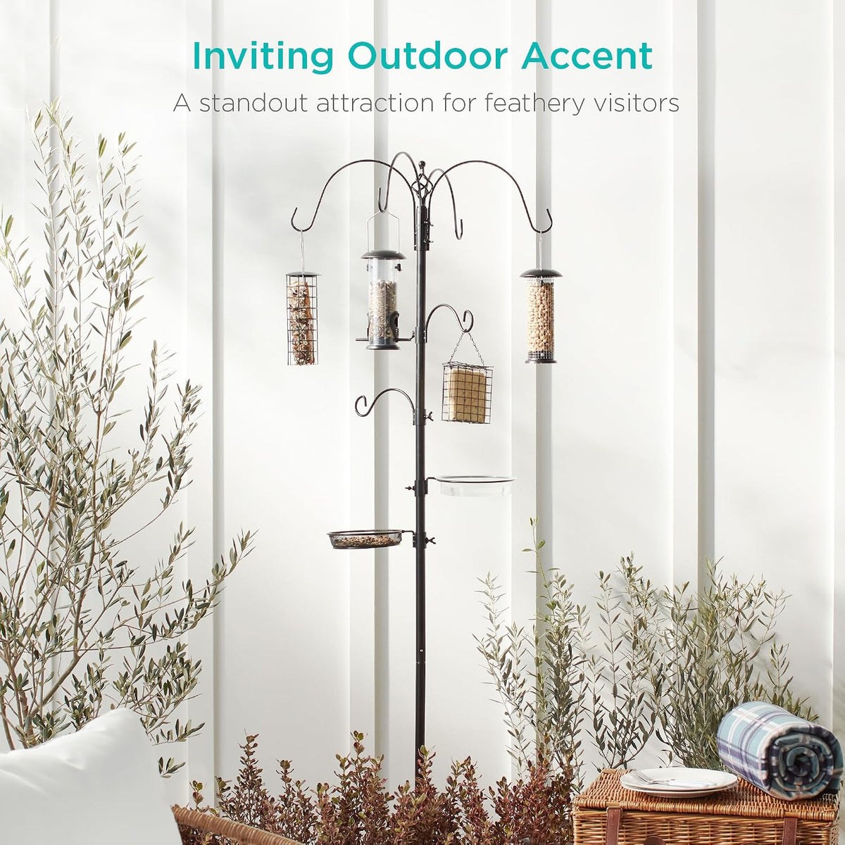 6-Hook Bird Feeding Station, Steel Multi-Feeder Kit Stand for Attracting Wild Birds w/ 4 Bird Feeders, Mesh Tray