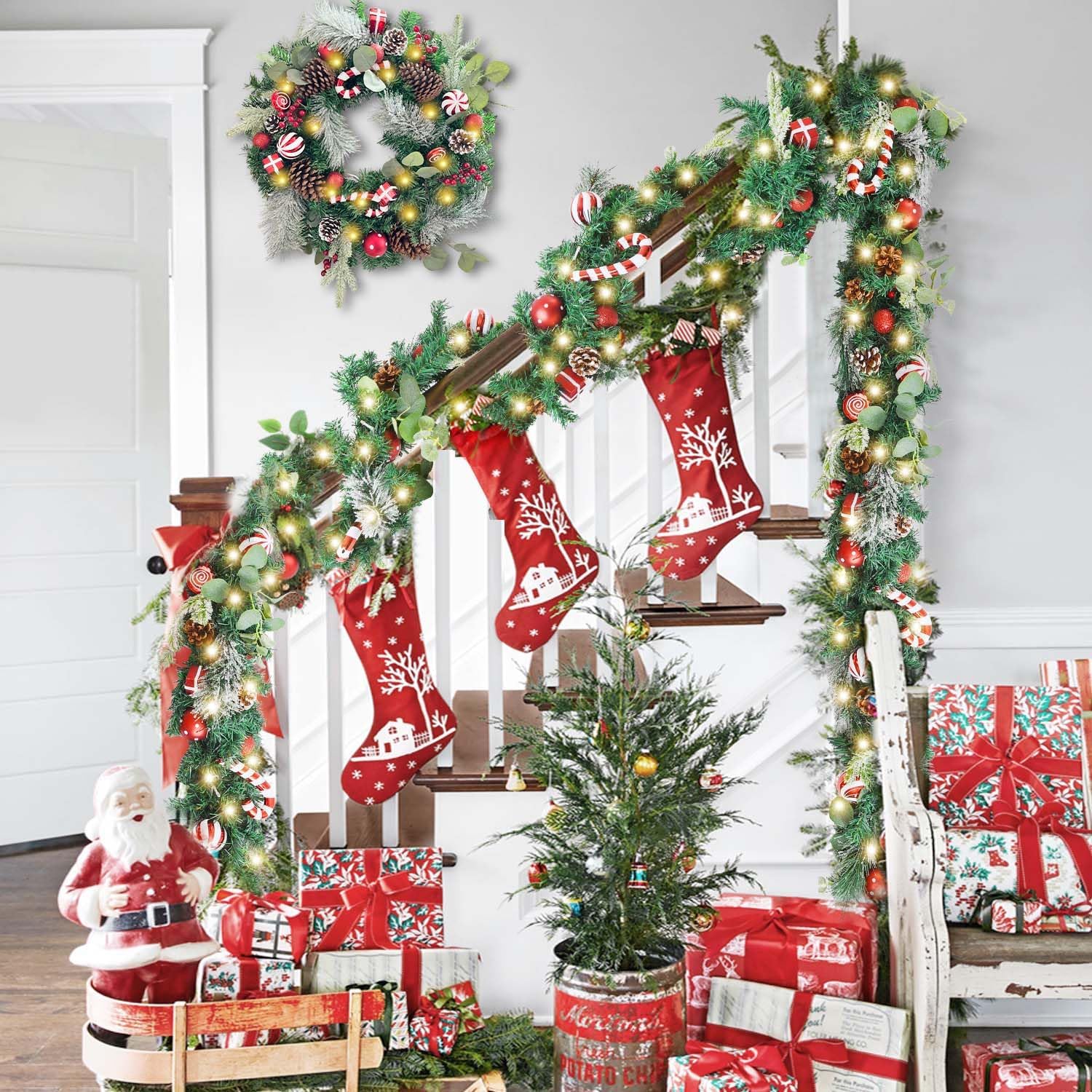 Pre-Lit 6 Feet/ 72 Inch Christmas Garland with Lights for Front Door Red White Christmas Mantel Garland Decoration