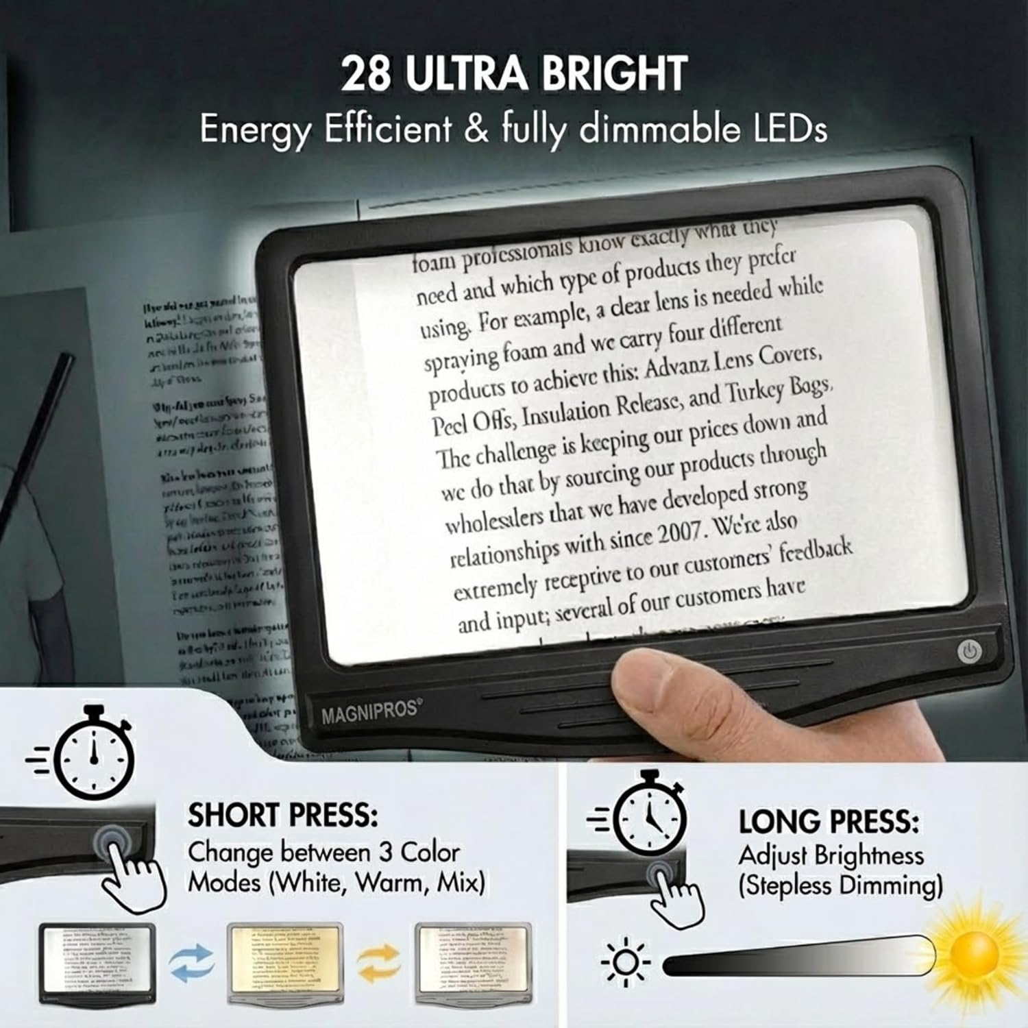 5X Rechargeable Large Ultra Bright LED Page Magnifier with Anti-Glare Lens & 3 Color Dimmable Light Modes, Relieve