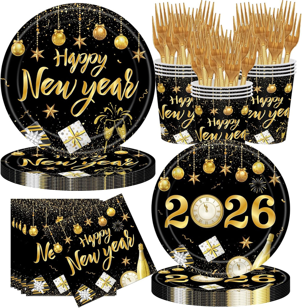 New Years Party Supplies Set,Packs with Plates, Cups, Napkins & Forks, Disposable for 24 Guests,Plates and Napkins
