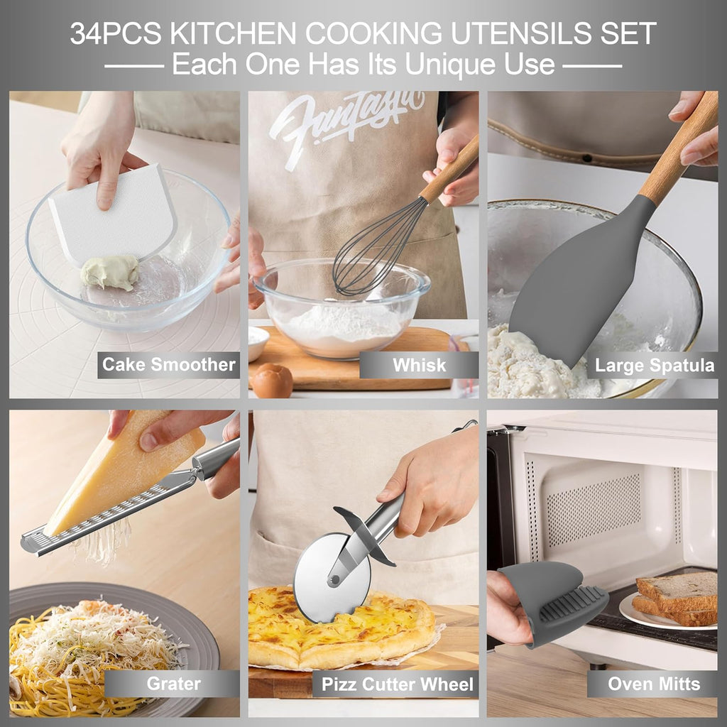 Silicone Cooking Utensils Set, 43Pcs Non-Stick Heat Resistant Kitchen Utensils Spatula Set with Wooden Handle for