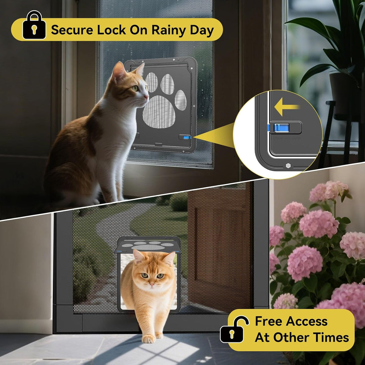 Dog Door for Screen Door, Pet Easy in & Out, Lockable Cat Screen Door with Magnetic Closing Flap Doggy Door for