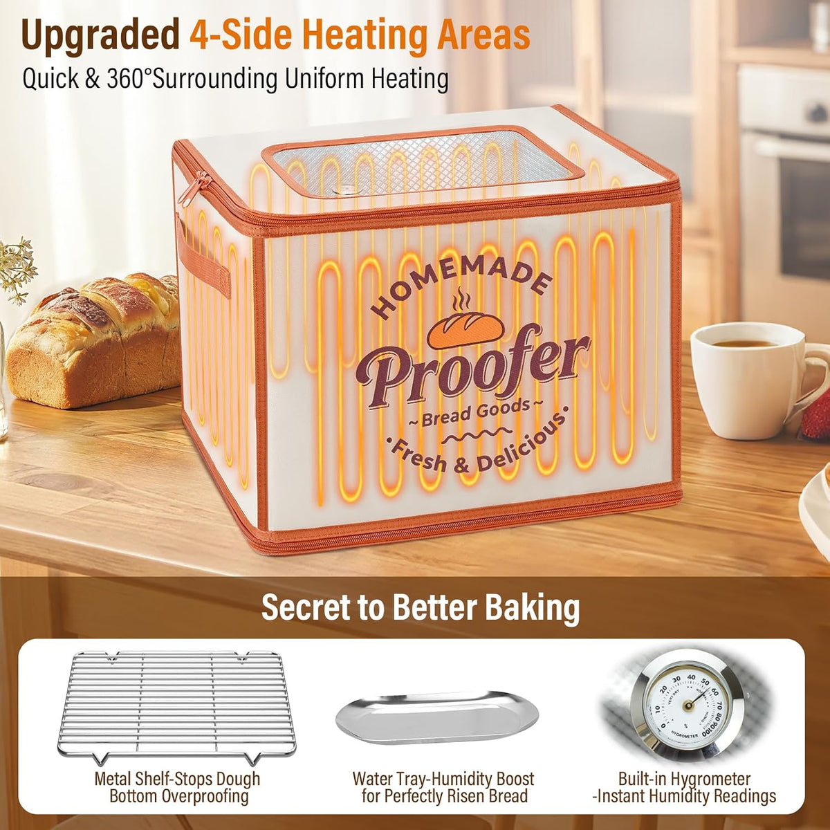 Foldable Bread Proofing Box, JOCXSPI 4-Sided Heating Dough Proofer for Sourdough Starter, 68–131°F Temp Control, 99H
