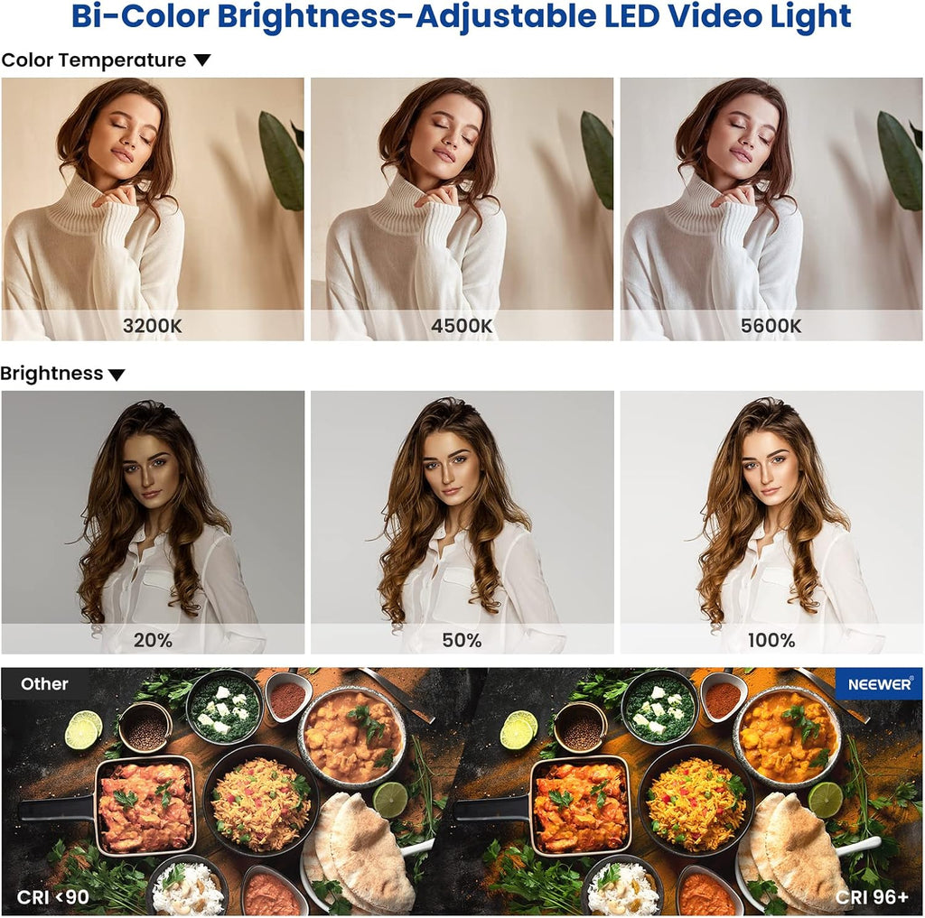 2 Pack Bi Color 660 LED Video Light and Stand Kit: (2) 3200-5600K CRI 96+ Dimmable Light with U Bracket and Barndoor