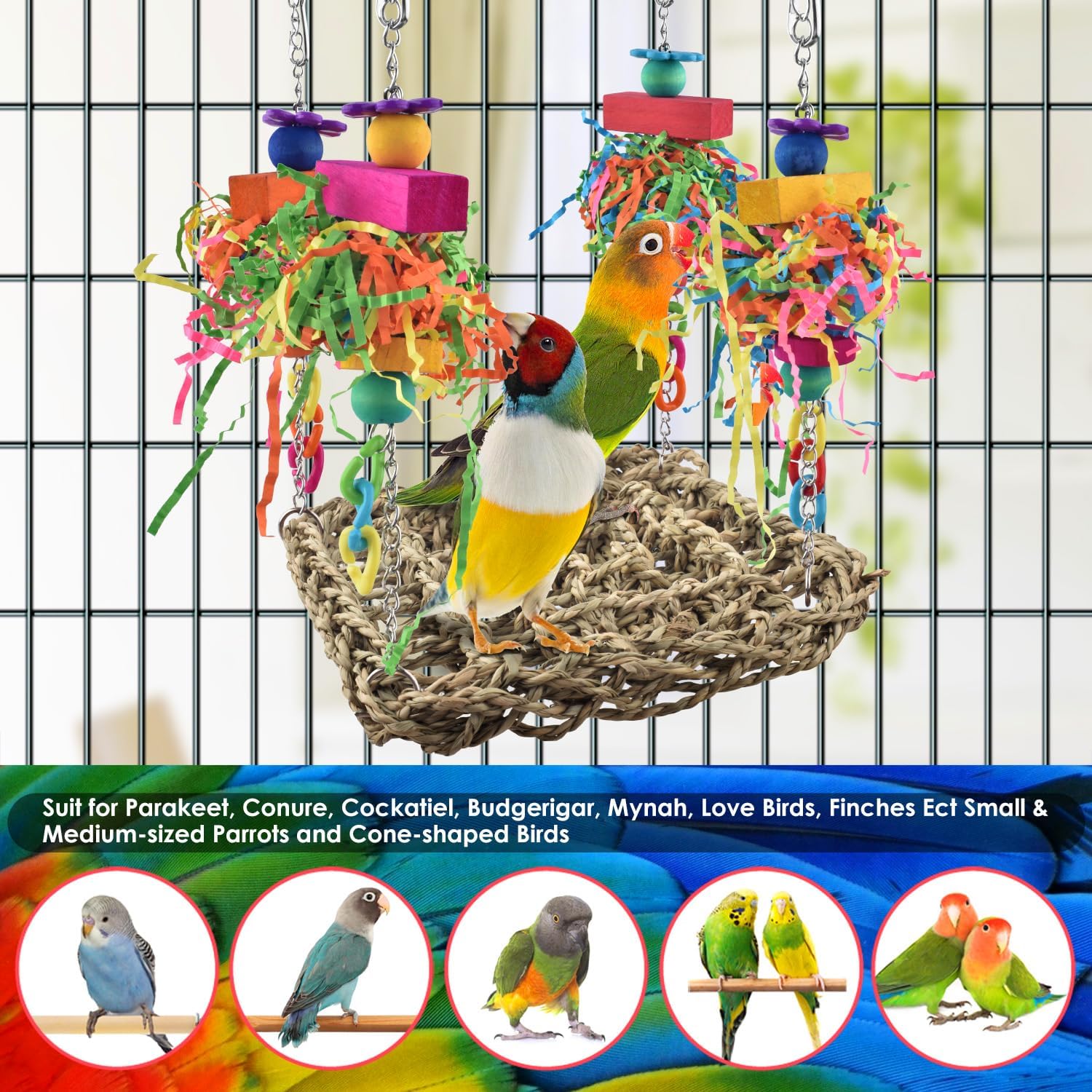 Bird Toys, Grass Swing Hammock Climbing Toy for Parrot Parakeet | Natural Grass with Colorful Chew Toys, Climbing and