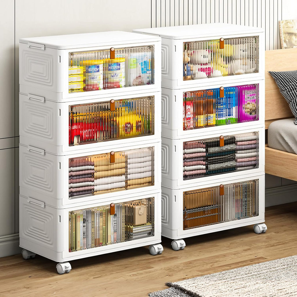 4 Tier Plastic Storage Bins with Lid 36QT, Stackable Storage Containers with Wheels, Folding Storage Boxes, Stackable