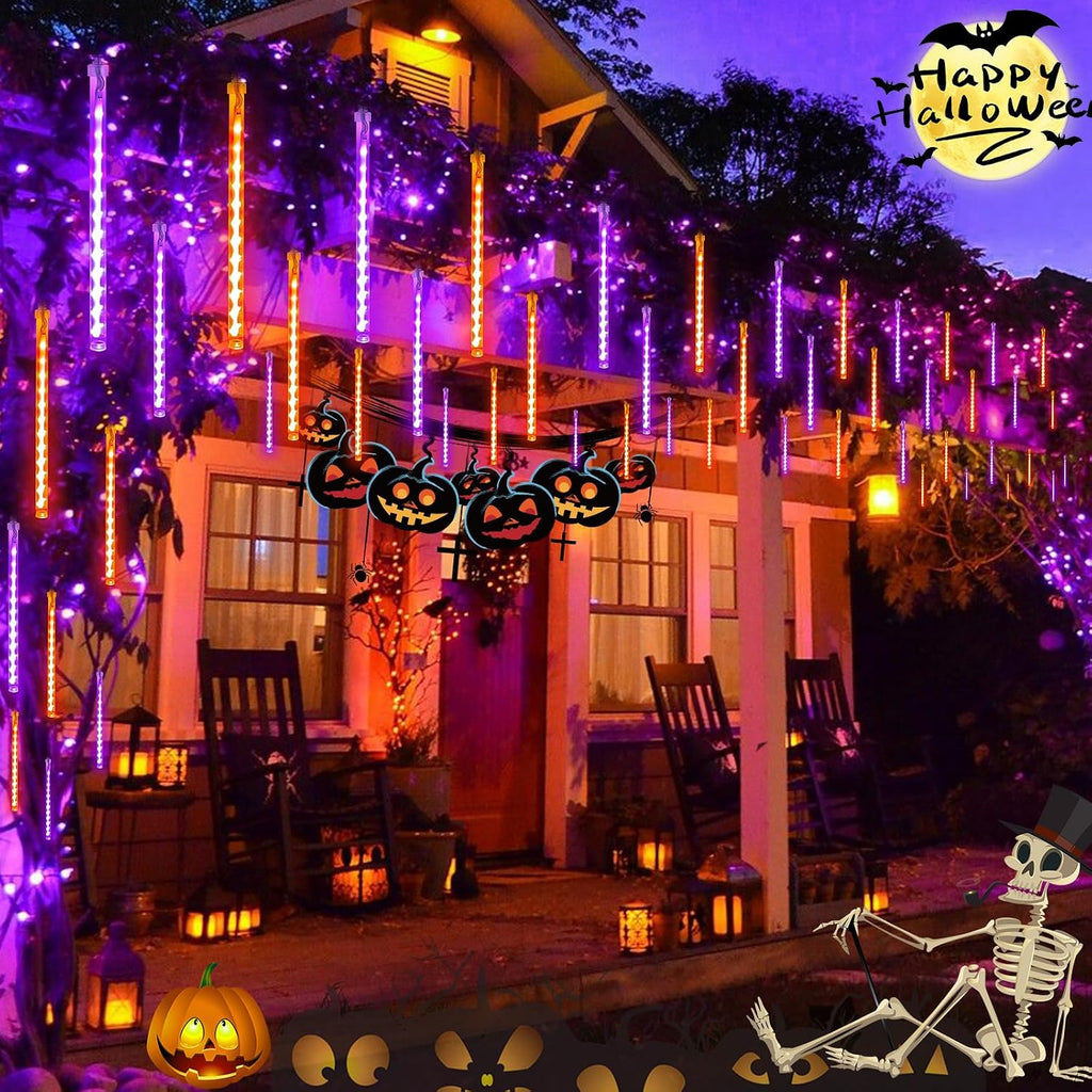 Halloween Lights Outdoor 2 Pack 16 Tube Meteor Shower Lights Orange Purple | Total 384LED, Extendable, Plug in