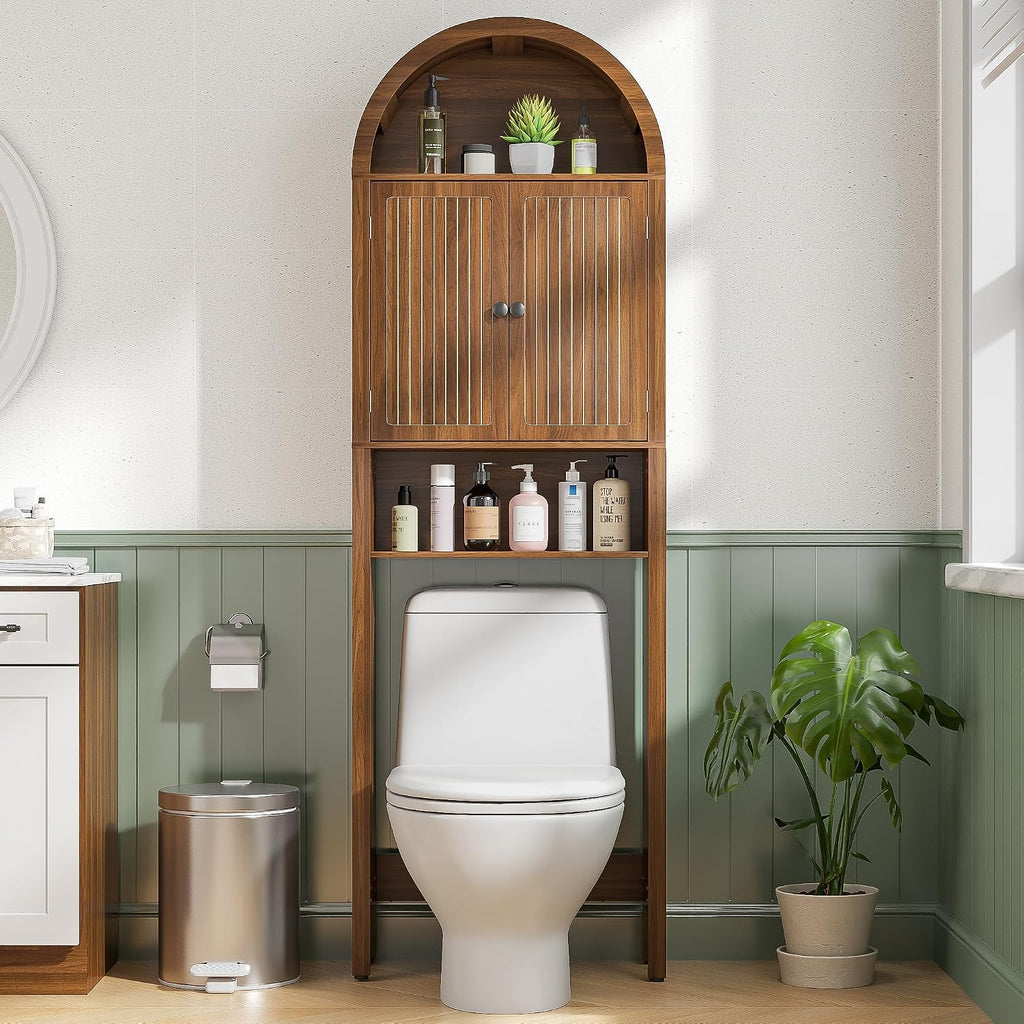 Arched Over The Toilet Storage Cabinet with Fluted Doors, 4 Tier Small Bathroom Shelf Organizer, Mid Century Modern