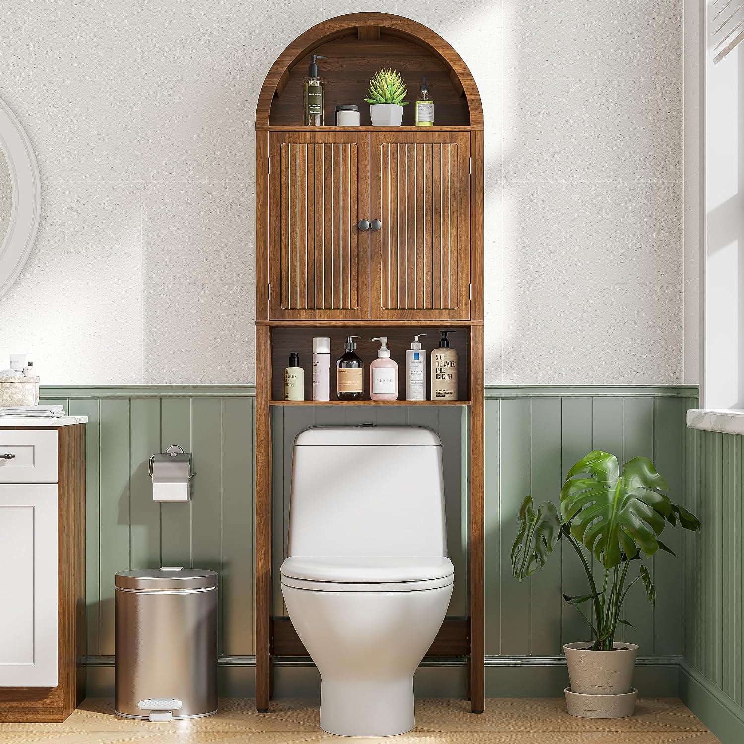 Arched Over The Toilet Storage Cabinet with Fluted Doors, 4 Tier Small Bathroom Shelf Organizer, Mid Century Modern
